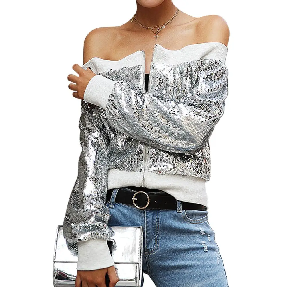 

2019 New Yfashion Ladies Fashion Silver Zipper Off-shoulder Collar Sequin Design Coat