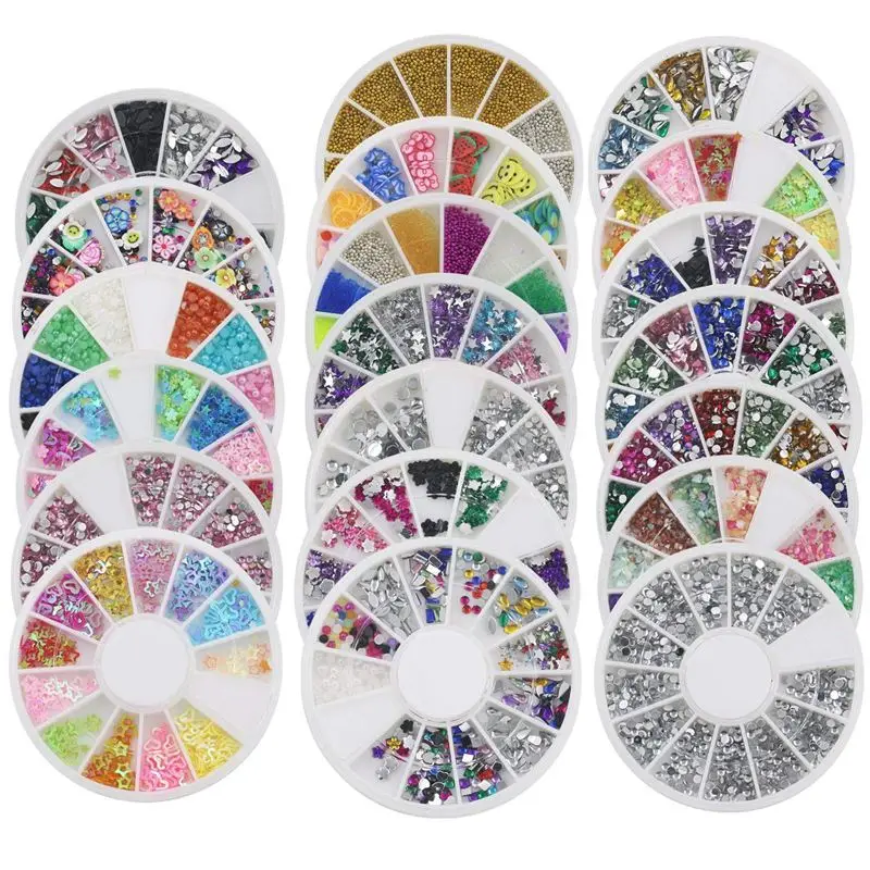 

20x Wheel Nail Art Tips Pearl Beads Rhinestones 3D Nail Stickers