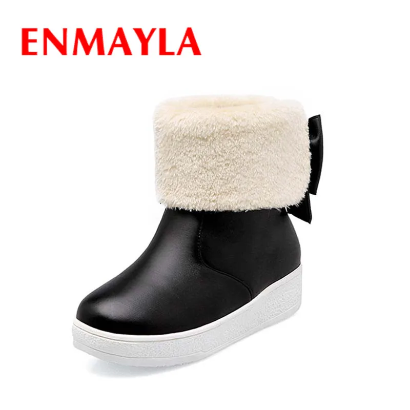 

ENMAYLA Low Heels Winter Warm Snow Boots Shoes Woman Wedges Round Toe Bowties Charms Ankle Boots for Women 3 Colors White Shoes