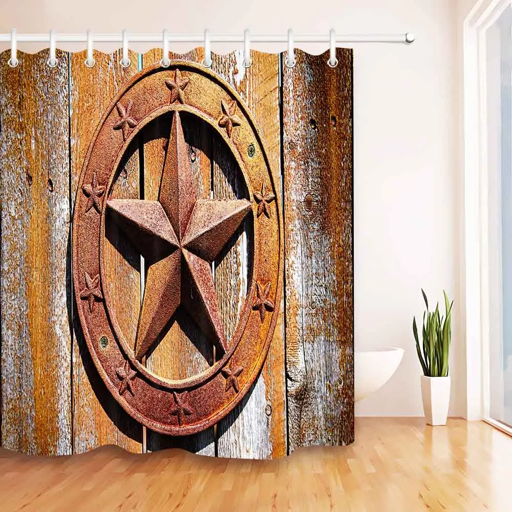 Retro Rustic Wooden Boards Rusty Texas Star Fabric Shower Curtain Set 