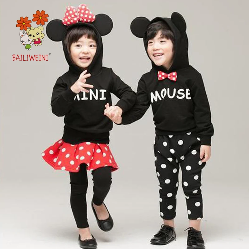 

BAILIWEINI2019 New Boys Mickey Mouse Cotton Terry Long Sleeve Set Girls Mickey Mouse Fashion Print Skirt Set