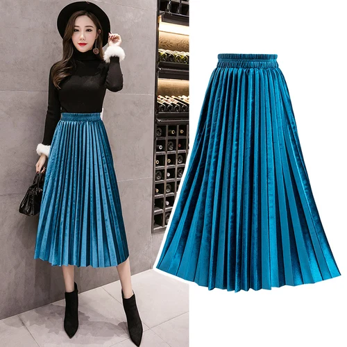 

2018 autumn and winter new Korean version of the high waist was thin pleated skirt gold velvet large swing long skirt