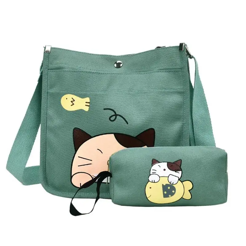 2 шт./компл. Для женщин холст с рисунком кота через плечо Сумки сумка для ручек из Для женщин холщовая хозяйственная сумка с рисунком кота из мультфильма сумка - Цвет: Зеленый