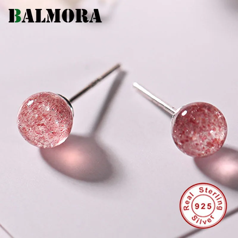 

BALMORA 925 Sterling Silver Cute Pink Stone Stud Earrings for Women Lady Girl Gift Fashion Round Earrings Ear Jewelry JWE1016