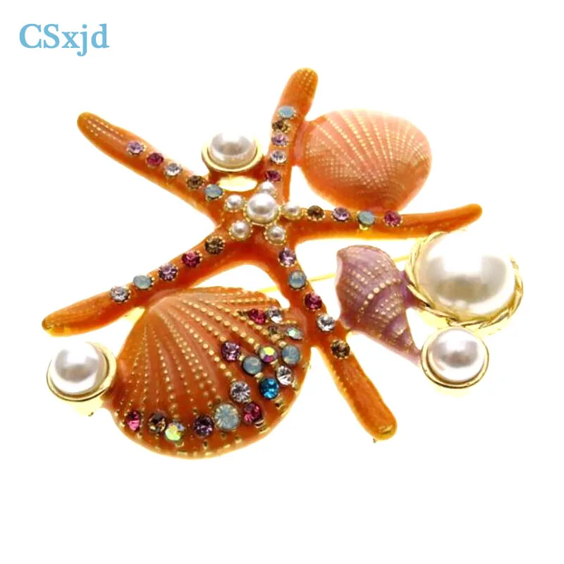 

CSxjd New Retro Faux Pearl Shell Decoration Starfish Pin Color Rhinestone Crystal Brooch Pin