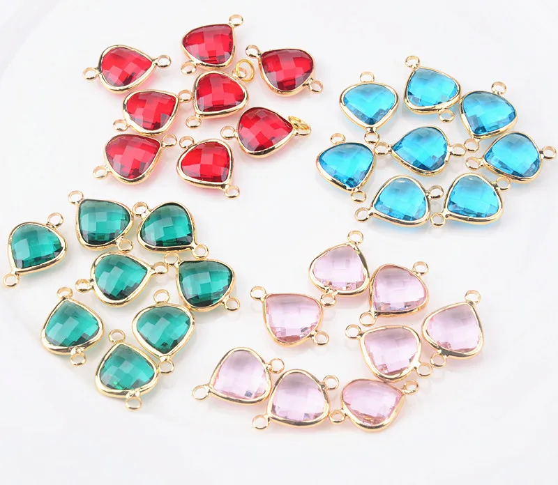 

20pcs/lot Bohemian heart Crystal Glass Beads Gold Double Rings Pendant for Necklace Charm Bracelets Connector Jewellery Finding