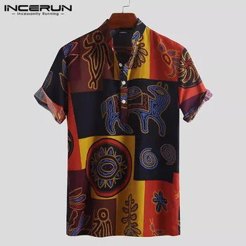

INCERUN 2020 Men Hawaiian Shirt Cotton Loose Short Sleeve Stand Collar Breathable Tops Ethnic Style Printing Vintage Men Shirts