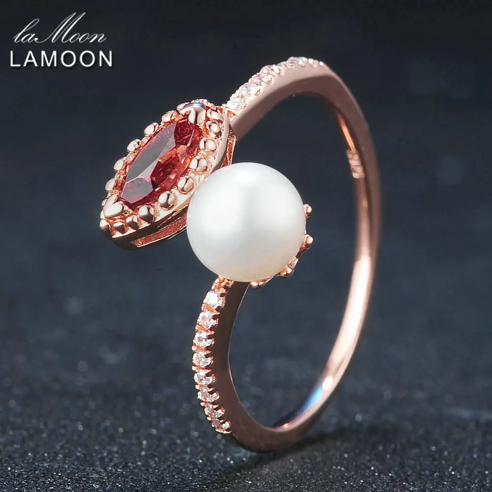 LAMOON Natural Red Garnet Freshwater Pearl 925 Sterling Silver Jewelry Wedding Ring with S925 For Women LMRI048