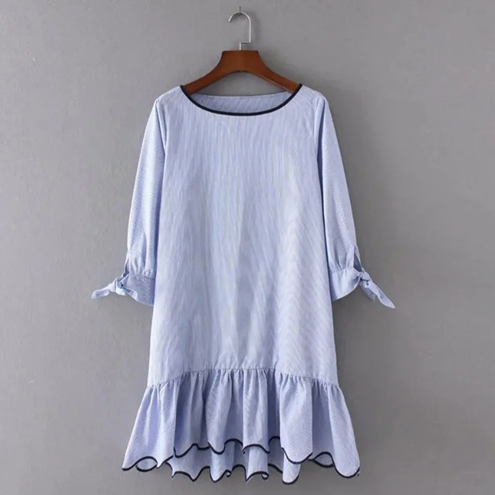 Cute Blue Striped O-Neck Pullover Half Sleeve Bow Wave Edge Ruffles Pleated Hem Sweet Women Dress Mini Vestidos Brand Q17-03-04