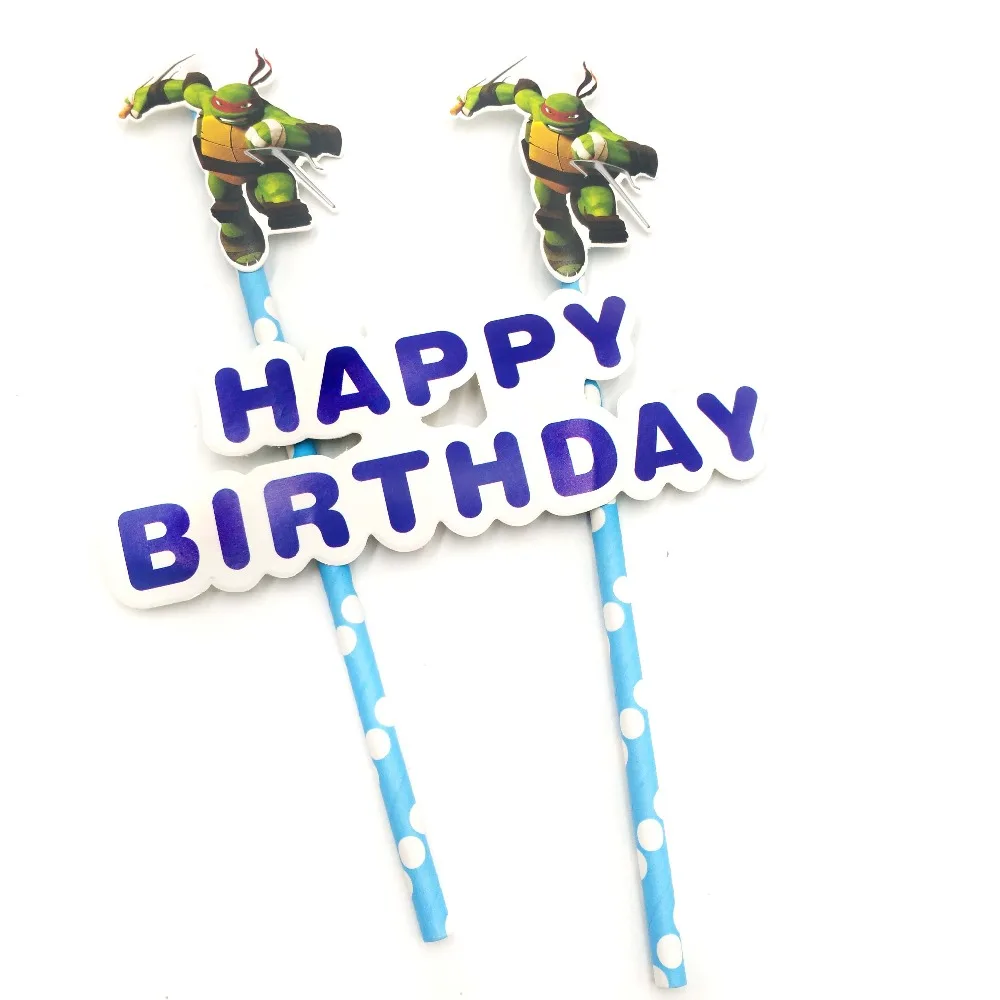 

1pc Ninja Turtle Cupcake Toppers Cartoon Cake Flag With Paper Straw Birthday Christmas New year's Day Party Decoration Supplies