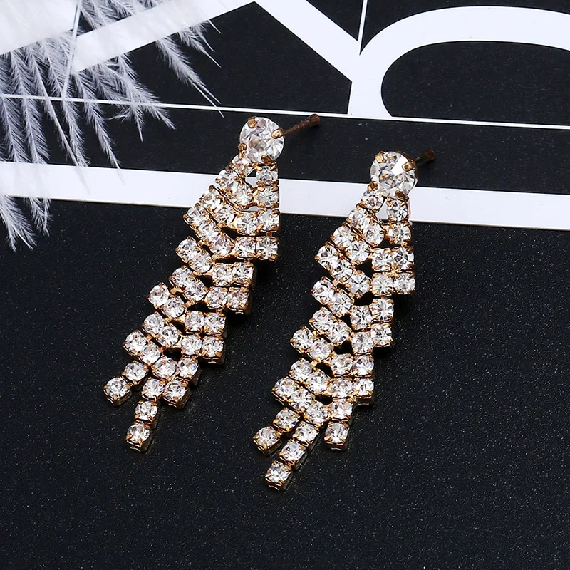 Italian Design Super-long Rhinestone Tassel Earrings Sliver Chain Drop Earrings