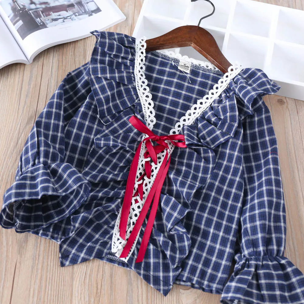

Hurave Baby 2019 ruffles V-neck blouse Children plaid Shirt Clothes Kids cotton Long Sleeve drawstring Casual Shirt Clothing