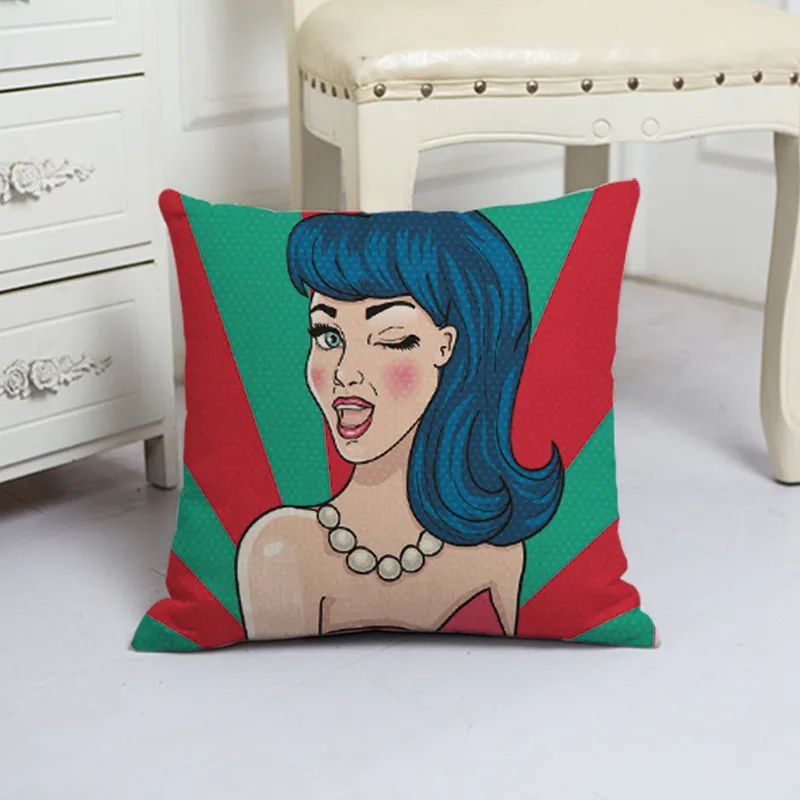 Zara*Women Linen Printed Fashion Curly Hair Girl Cushion Cover 45x45cm Shopping Throw Pillow Covers Gifts For Girlfriend Bedroom