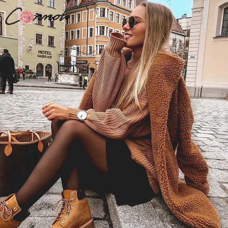 Billig Conmoto Frauen Winter Wildleder Jacke 2019 Mode Teddybär Karamell Langen Mantel Weibliche Lange Hülse Faux Pelzmantel Flauschigen Oberbekleidung