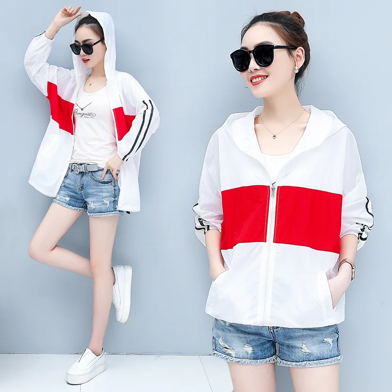 

Women Sunscreen Coats Fashion Striped Windbreaker 2019 Summer Ladies Loose Sunscreen Clothes Light and Thin Female Casual Trench