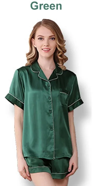 Новое поступление шелковые атласные женские пижамные комплекты с воротником с коротким рукавом рубашки с короткими пижамными штанами sp0061 - Цвет: Green