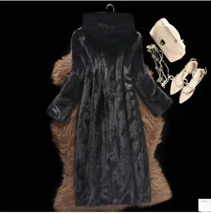 Новейшая Черная Женская куртка с капюшоном из искусственного меха, Длинная женская меховая верхняя одежда с капюшоном, меховая верхняя одежда большого размера K835