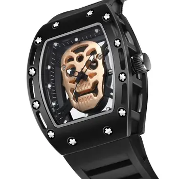 

Fashion Skull Watch Men Hollow Waterproof Tonneau Skeleton Watch Male Quartz Silicone Wrist Watch Men Clock Relogio Masculino
