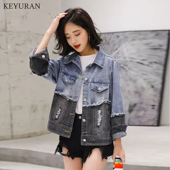 

Hole Patchwork Jacket Women Long Sleeve Ripped Denim Coat Tops Female Fashion Casual Big Sizes 2020 Autumn New Clothing L3630