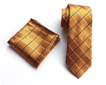 

Designer 8cm Fashion Men Formal Necktie Set Gold Yellow Plaids Branded Ties Handkerchief Sets