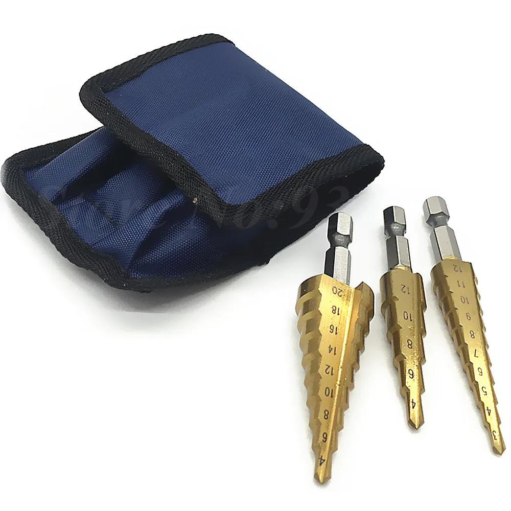 3pcs Hss Steel Titanium Step Drill Bits 3-12mm 4-12mm 4-20mm Step Cone Cutting Tools Steel Woodwork