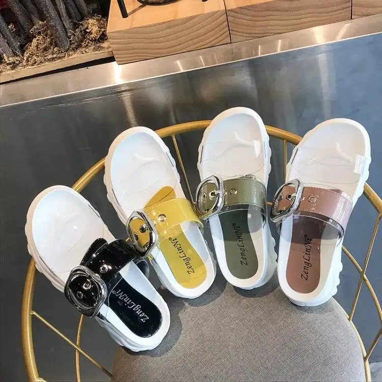 

Designers New Black Yellow Green Pink Belt Buckle Clear Platform Sandals Women Peep Toe Slip On Slippers Women Summer Slides