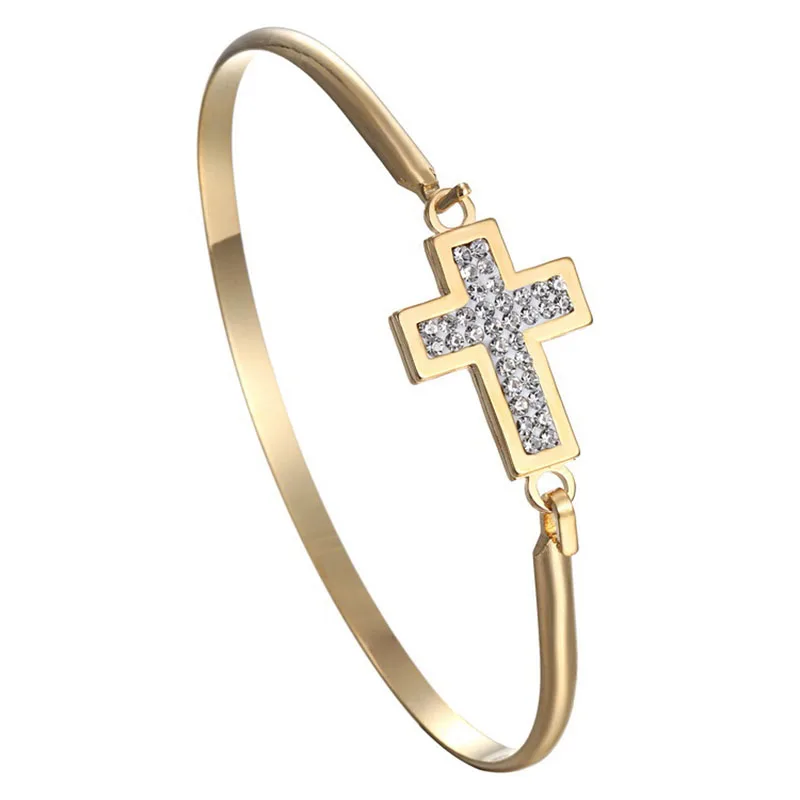 

ISINYEE Fashion Crystal Cross Bangle Gold Open Bracelet Manchette For Women Girls Wrist Band Stainless Steel Minimalist Jewelry
