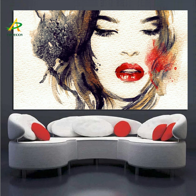 YWDECOR Modern Red Lips Sexy girl Canvas Painting Oil Painting HD Print on Canvas Wall Art Picture for Living Room Decor