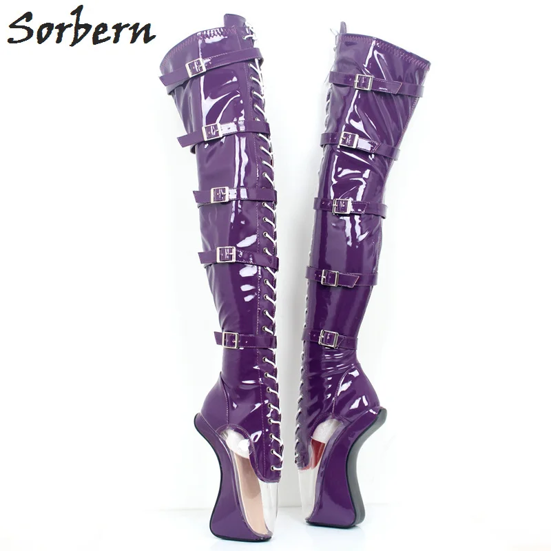 Sorbern/блестящие фиолетовые прозрачные сапоги из пвх; Балетные туфли на высоком каблуке; пикантные Фетиш-Сапоги выше колена; унисекс; обувь для переодевания