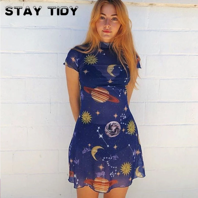 

STAY Sexy Mesh Transparent Sun And Moon Star Print Dress 2019 Summer Women High Neck Short Sleeve Mini Party Streetwear Dresses