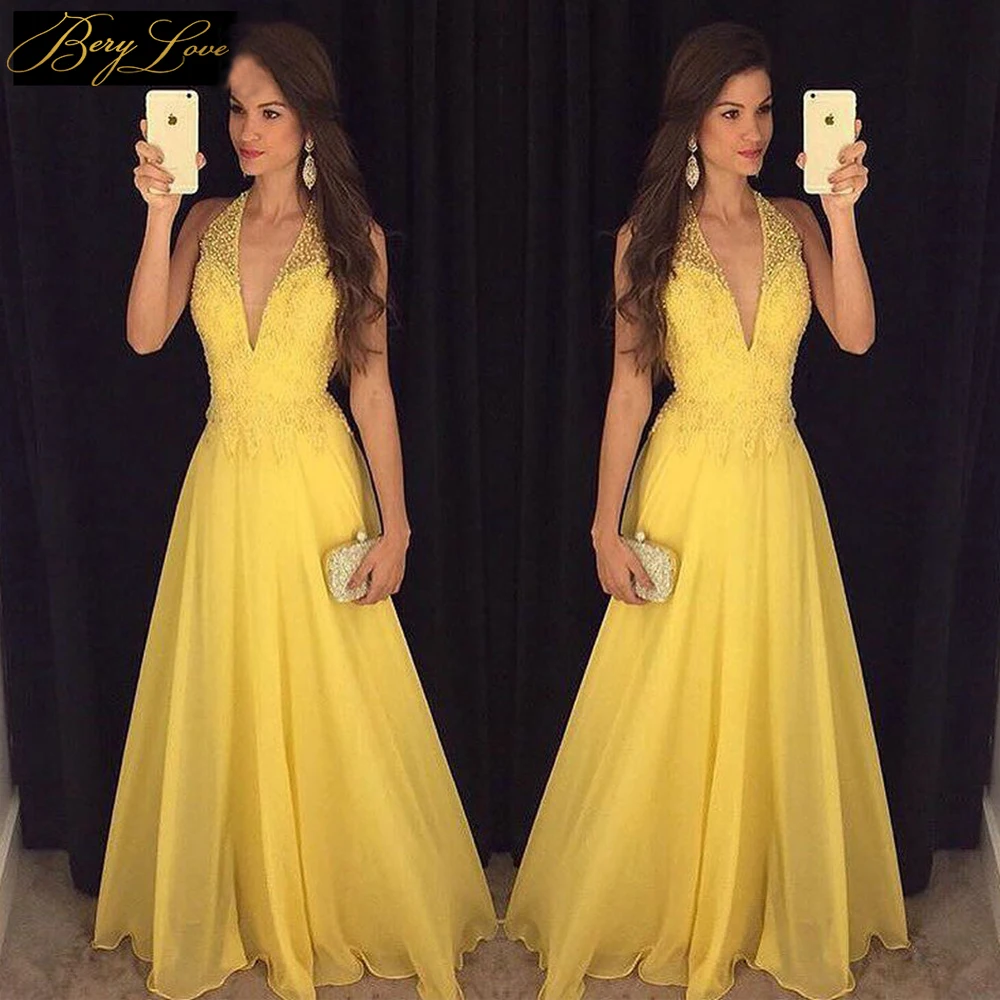 

Bright Yellow 2019 Evening Dress Long Halter A-line Sheer Chiffon Sleeveless Beaded Top Open Back Prom Dress Hot Soiree Robe