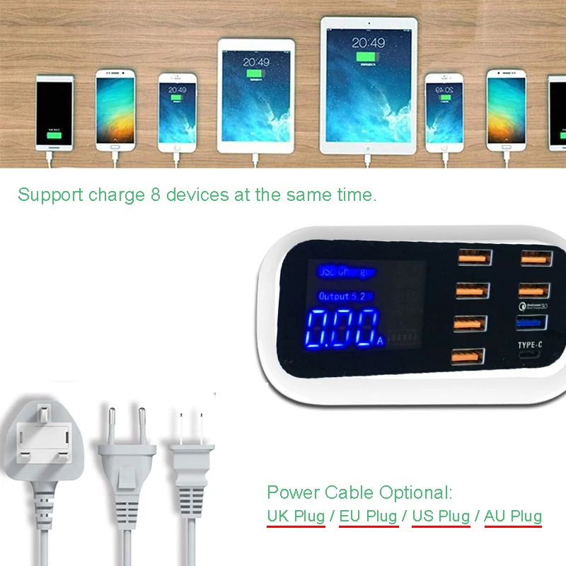 QC3.0 TYPE-C Smart LED Display 8 USB USB-C port Mobile Charger For iPhone Samsung Huawei Xiaomi AC Adapter EU US UK AU Plug