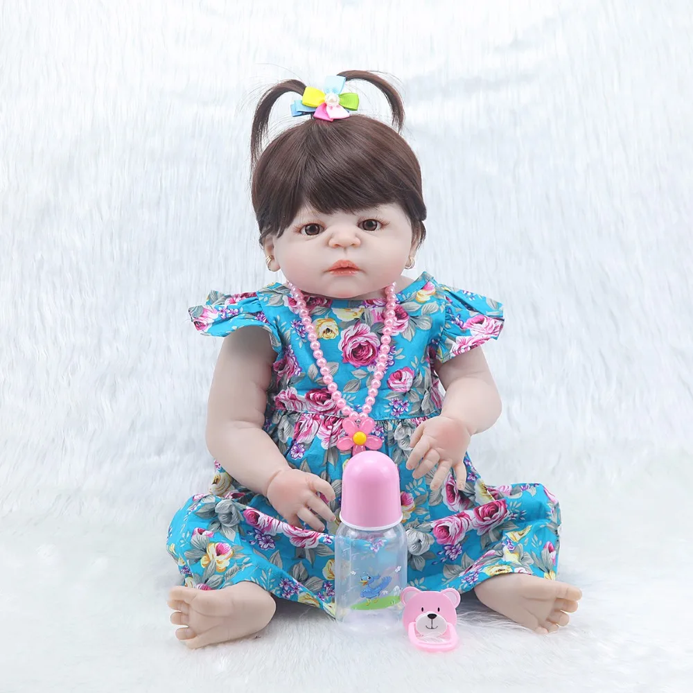 

NPKCOLLECTION57cm New bebe bonecas simulation newborn baby girl with Blue flower skirt best kid gift silicone reborn baby dolls