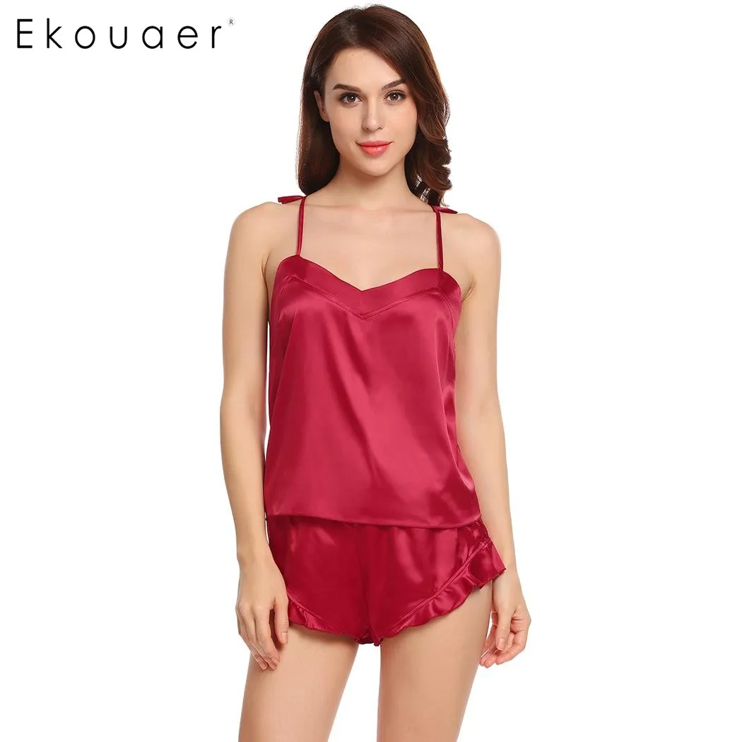 Ekouaer Pajamas Set Woman Sexy Spaghetti Strap Satin Hollow Out Pajama