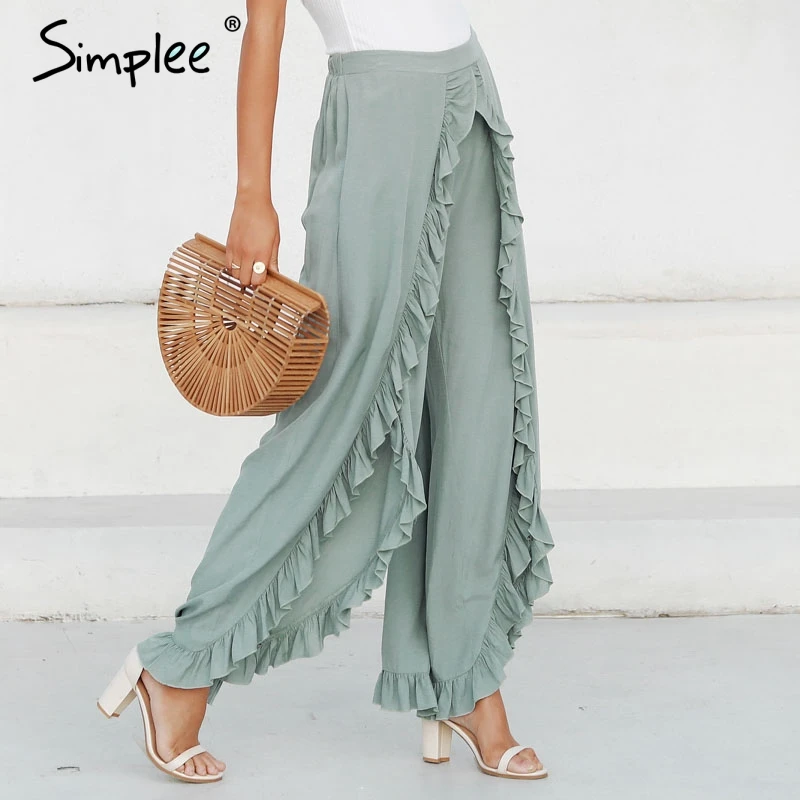 Simple Sexy ruffles casual women pants Capri High waist baggy split ...