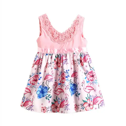 

2018 Kids Baby Girls Dress Flamingo Lace Floral Casual Party Dresses Sundress Clothes