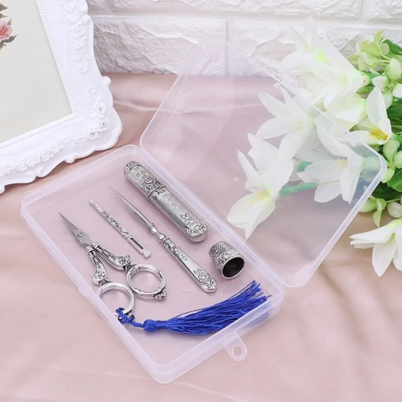

Sewing Scissors Set Vintage Embroidery Tool Alloy Awl Threader Thimble Needle Case Kit JDH99