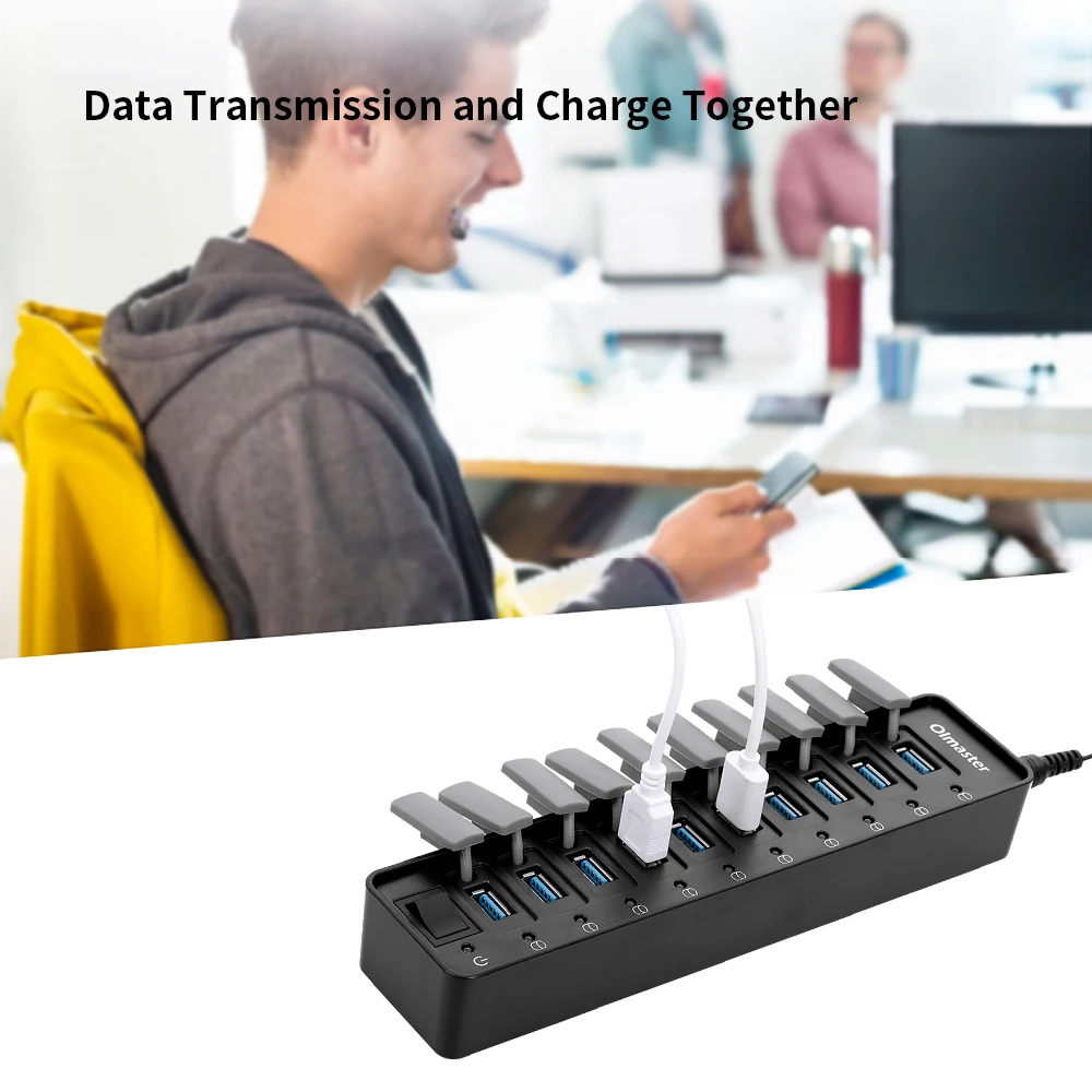 OImaster 10 портов USB3.0 концентратор 5 Гбит/с высокоскоростной концентратор Быстрая зарядка разветвитель для компьютера Macbook настольного компьютера США ЕС разъем