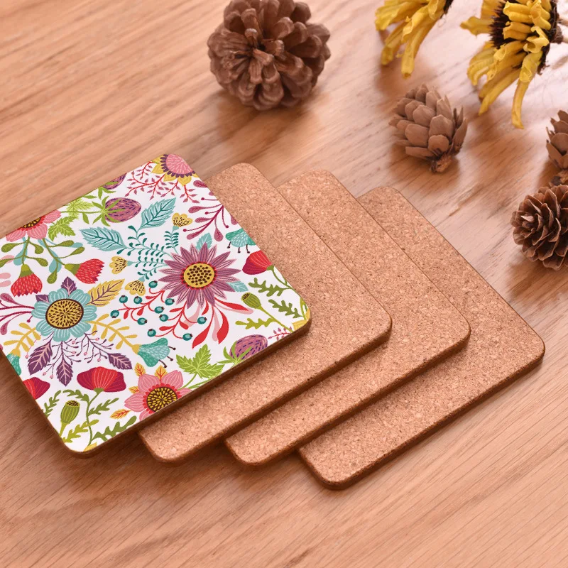 Table Mat Round Dining Table Placemats Square Wooden Cup Pad Cork Flowers Insulation Mat Round Coasters Pad Coaster Kitchen Mat