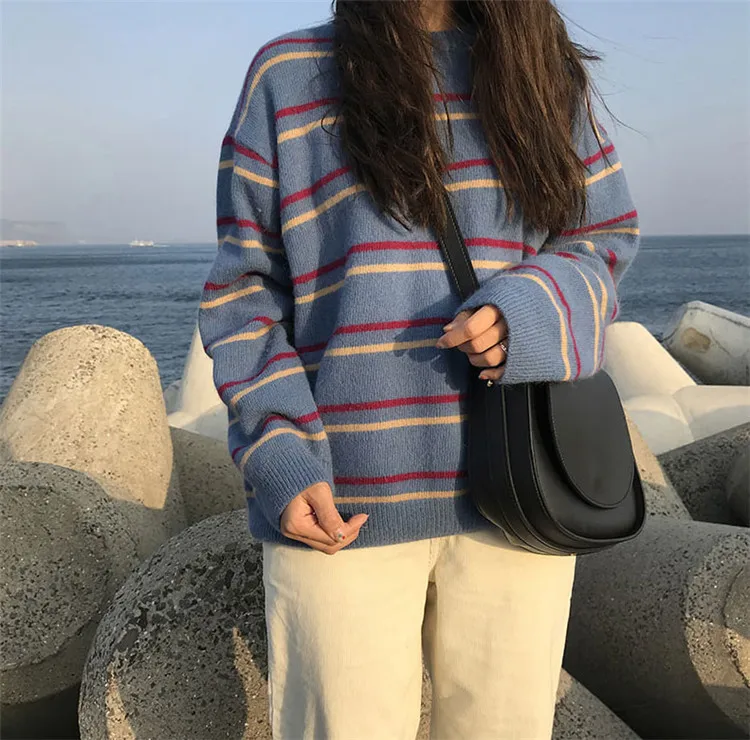 DICLOUD повседневные женские пуловеры зимние свободные свитера женские топы в полоску Женская винтажная одежда Harajuku свитер с круглым вырезом