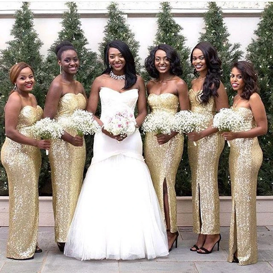Wedding Gold Bridesmaid Dresses popular sparkly gold bridesmaid dress buy cheap long dresses women strapless sequin slit sexy gowns for wedding
