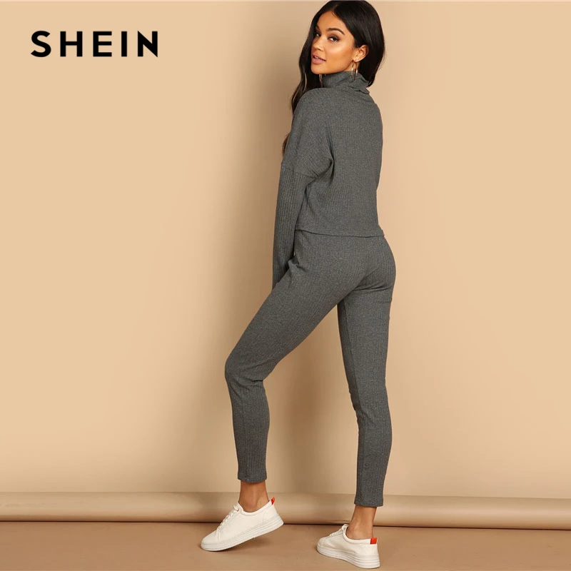 SHEIN Однотонный Трикотажный Костюм Топ с Длинными Рукавами И Брюки Стильный Комплект С Высоким Воротником