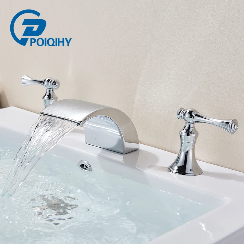 

POIQIHY Chrome Washing Basin Mixer Tap Waterfall Basin Faucet Widespread Tub Sink Mixer Taps Dual Handle Hot Cold Tap