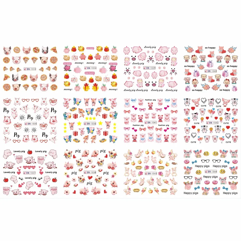 12 упак./лот переводка NAIL ART наклейки на ногти полное покрытие с поросенком из