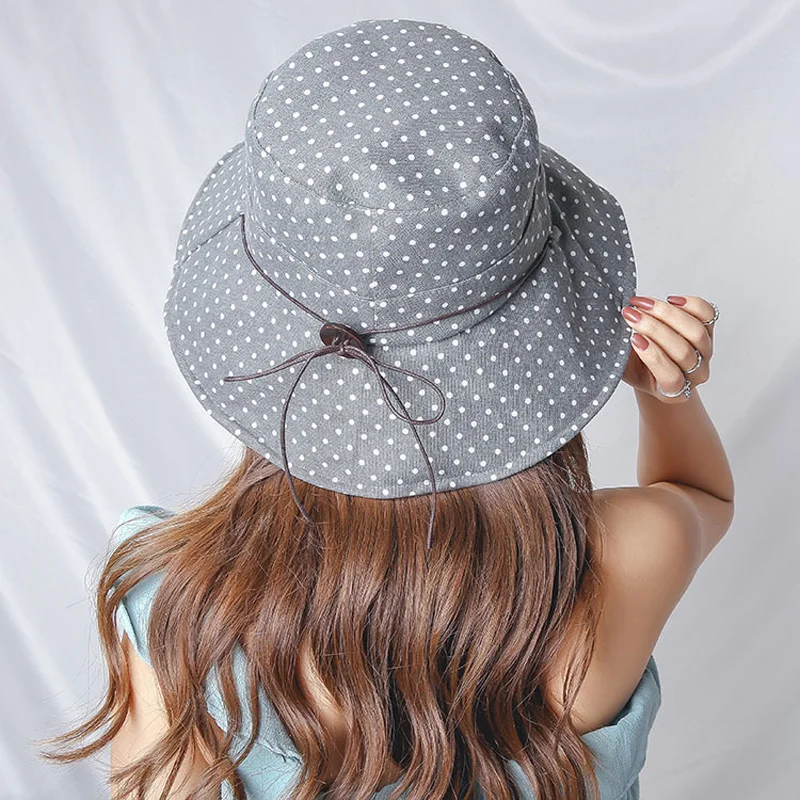 الإناث قبعة الشمس الصيف واسعة حافة البولكا نقطة القوس الصياد قبعة 2019 أزياء المرأة طوي قبعة للشاطئ المضادة للأشعة فوق البنفسجية من الشمس كاب