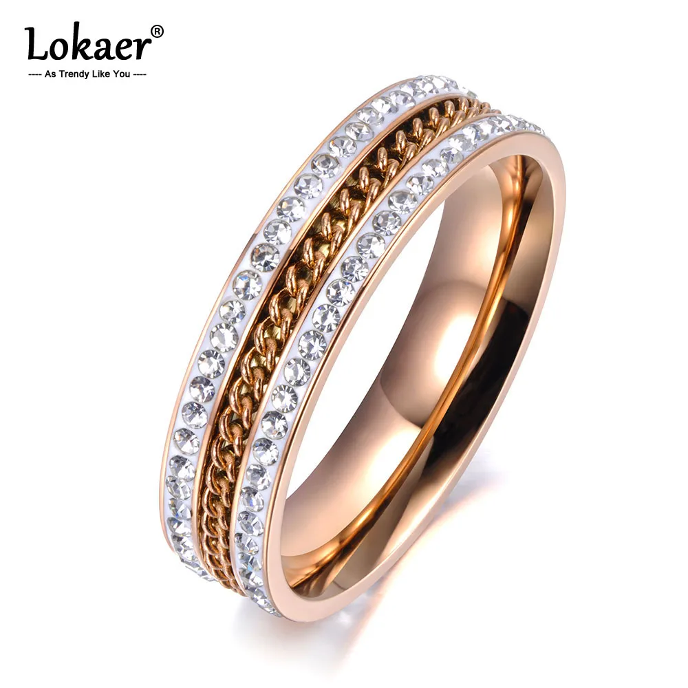 

Lokaer New Rose Gold Micro Pave Rhinestone Anniversary Rings Jewelry 316L Stainless Steel Chain Engagement Ring For Women R19004
