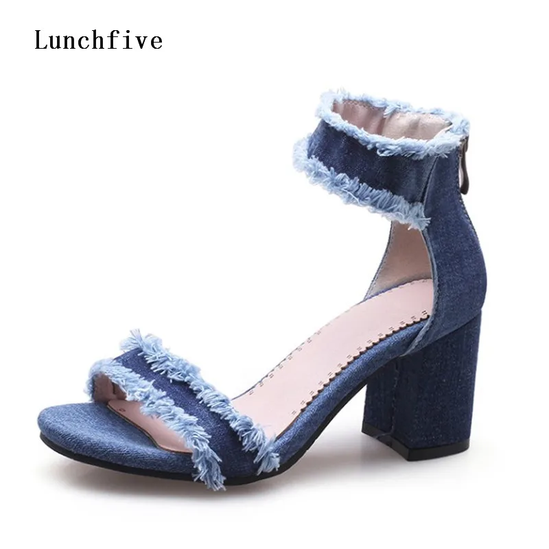 2018 Blue Denim Sandal Women Open Toe Tassel Chunky High ...