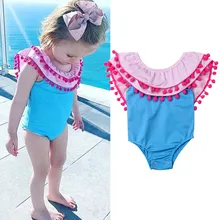 Детские купальники для девочек из полиэстера, Цельный купальник, купальный костюм, бикини, гофрированная кисточка, пляжная одежда без рукавов, Детский комбинезон K530