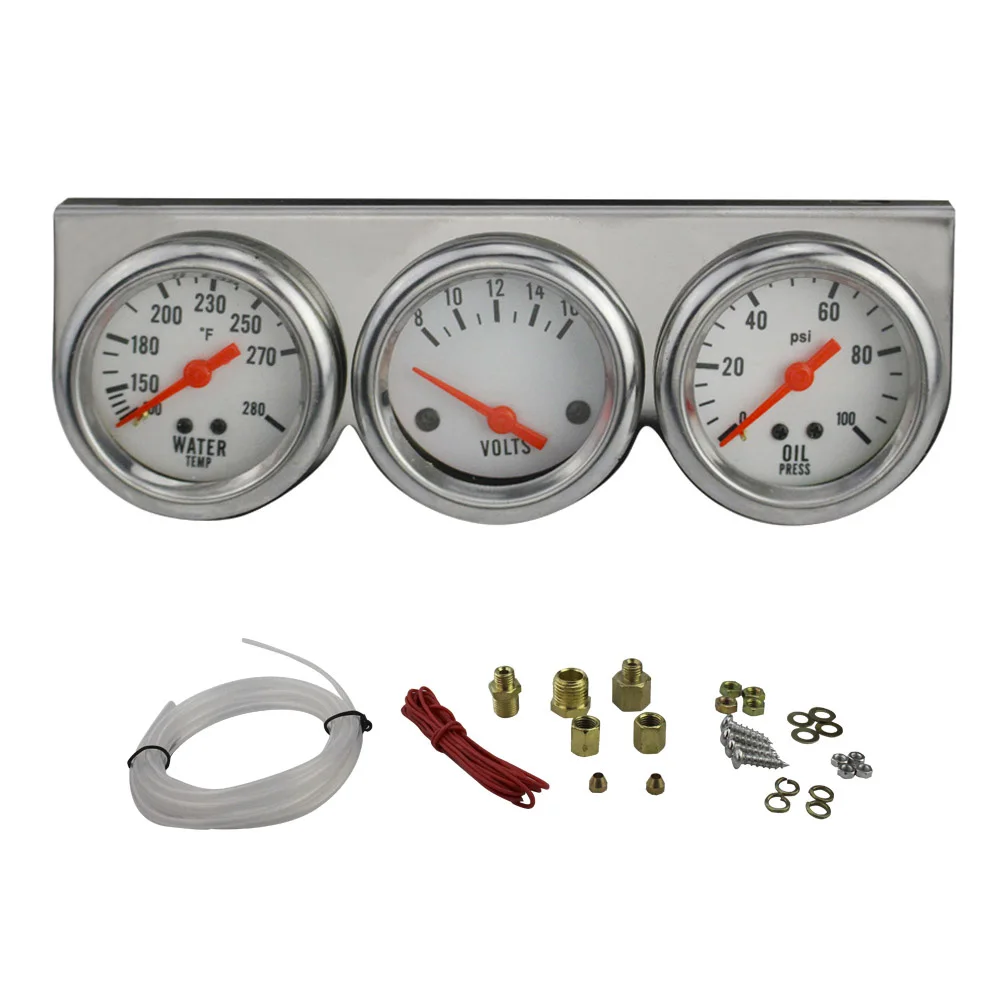 Chrome 2inch 52MM Triple gauge kit Volt meter+water temp gauge+Oil