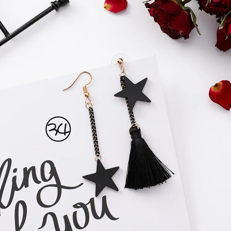 

iMucci Korean Unique Asymmetry Fashion Black Earrings Retro Simple Female Tassel Long Sweet Versatile Temperament Accessories